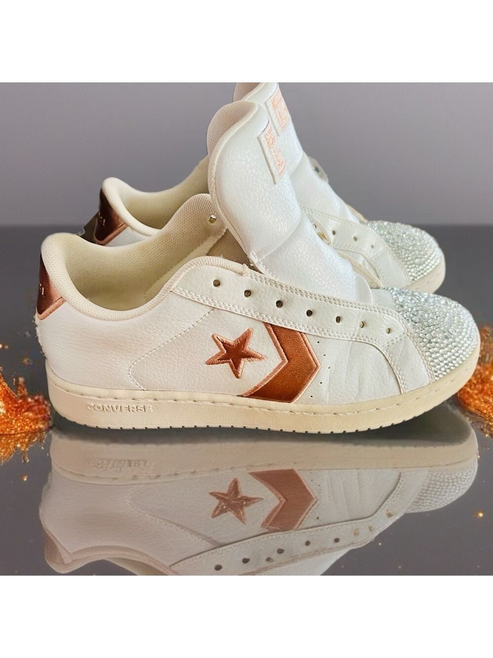 Converse Rose Gold White Sneakers Large Rhinestone Accents - Picture 4 of 8